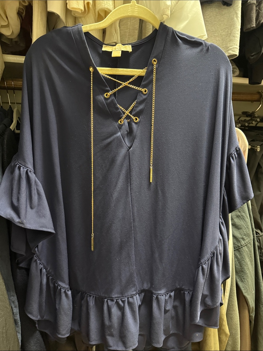 Michael Kors Navy Blouse with Gold Chain Lace-Up